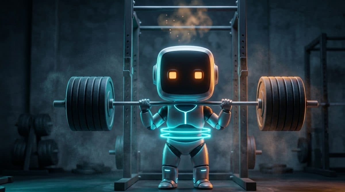Robot lifter braced under a heavy barbell in a squat rack, a cyan ring around its middle showing how to breathe when lifting weights