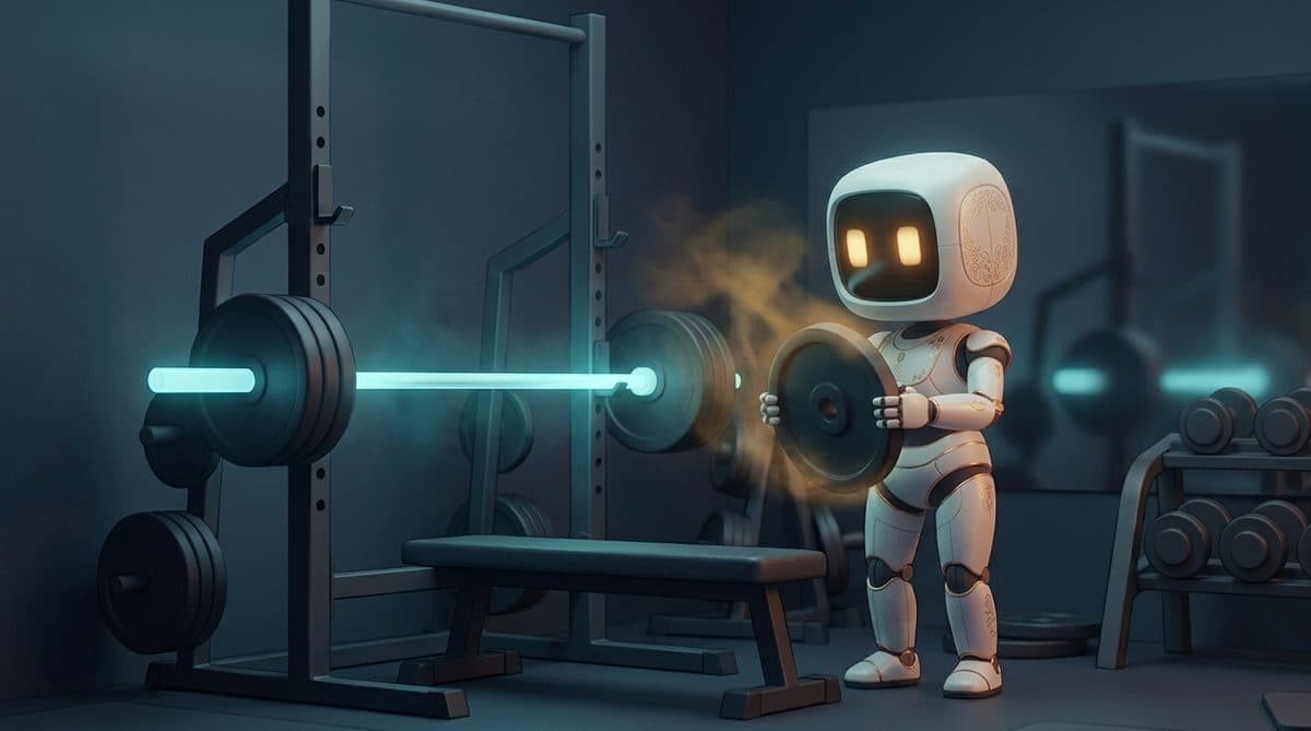 Robot coach Aria Sol lifting a plate off a cyan-glowing barbell as amber haze drifts away, a deload week in a dark gym