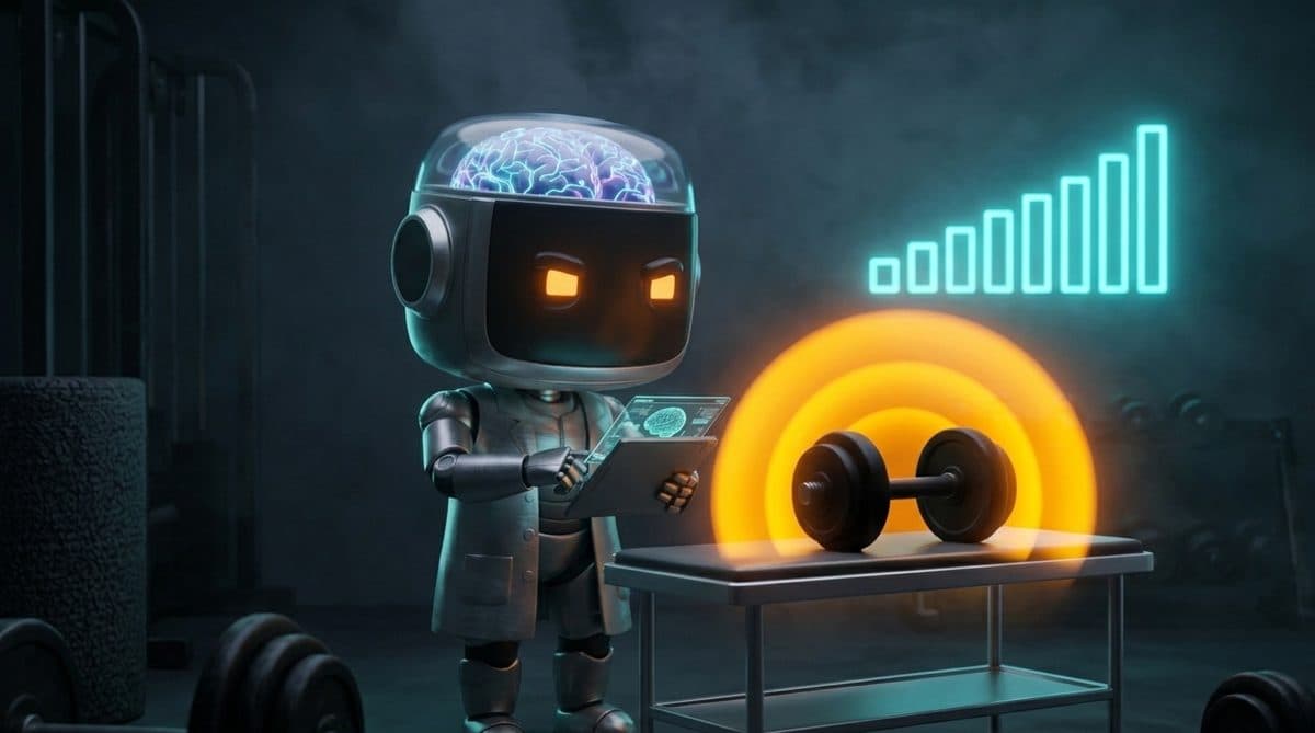 Robot science coach eyes a dumbbell glowing amber with muscle soreness after a workout, while a cyan progress chart rises behind him