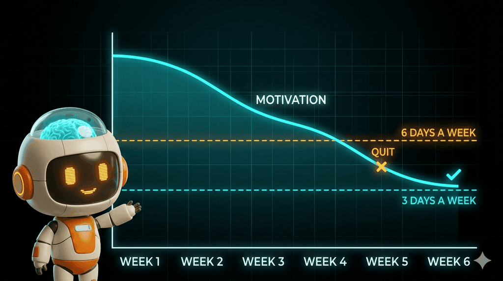 Line chart: motivation falls steadily over six weeks, dropping below a six-day-a-week plan (marked 'quit') but staying above a sustainable three-day-a-week plan.
