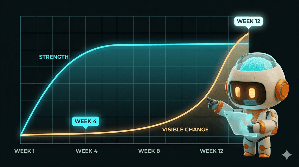 Line chart over twelve weeks: a strength curve rises fast then plateaus, while a visible-change curve stays flat early and climbs steeply toward week twelve.