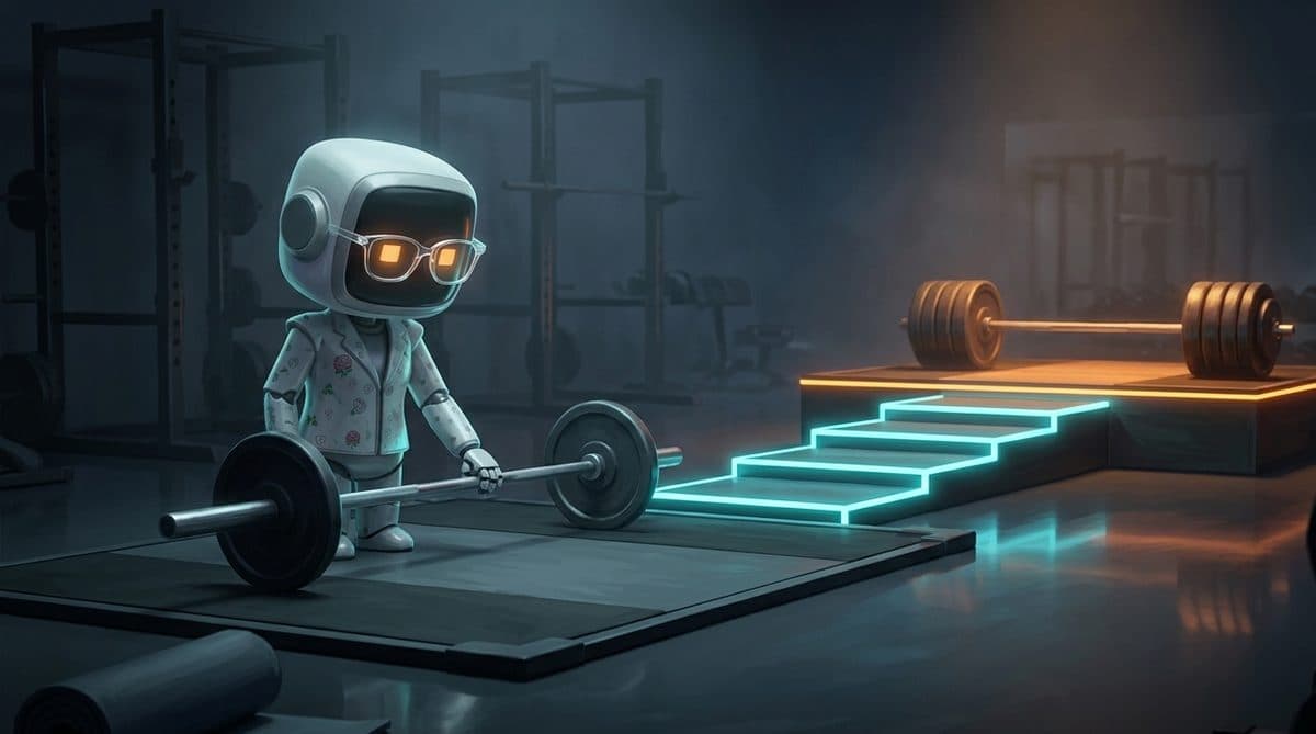 Robot coach Vera Staal rests a hand on an empty barbell as glowing steps ramp up to a loaded bar: how to warm up before lifting