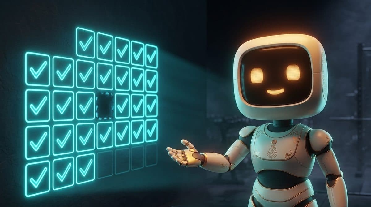 Smiling white robot coach in a dark gym gesturing at a glowing cyan workout streak calendar of check marks with one empty square