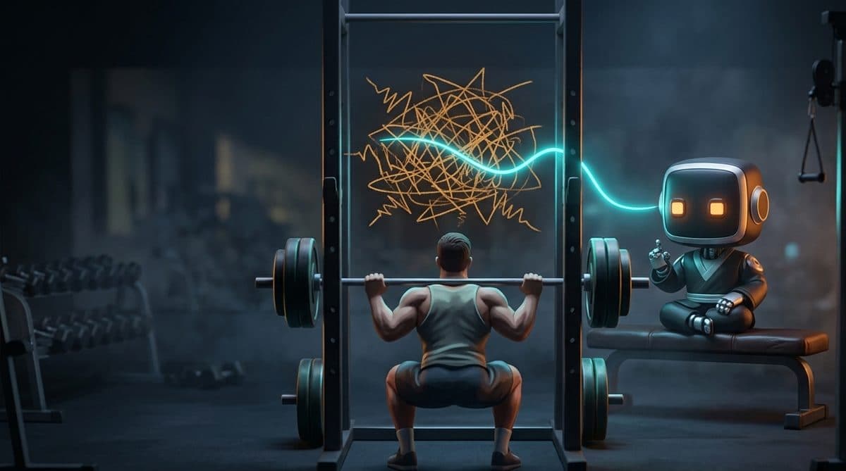 Robot coach Master Ren on a bench sends a calm cyan voice line that untangles the scribbled doubts of a lifter mid-squat: self-talk in sports