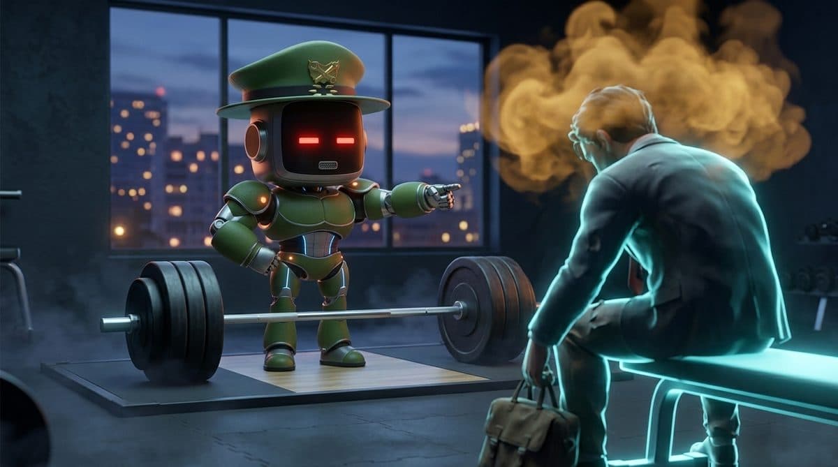 Robot coach pointing at a loaded barbell while a worker too tired to work out after work sits with amber fog around his head