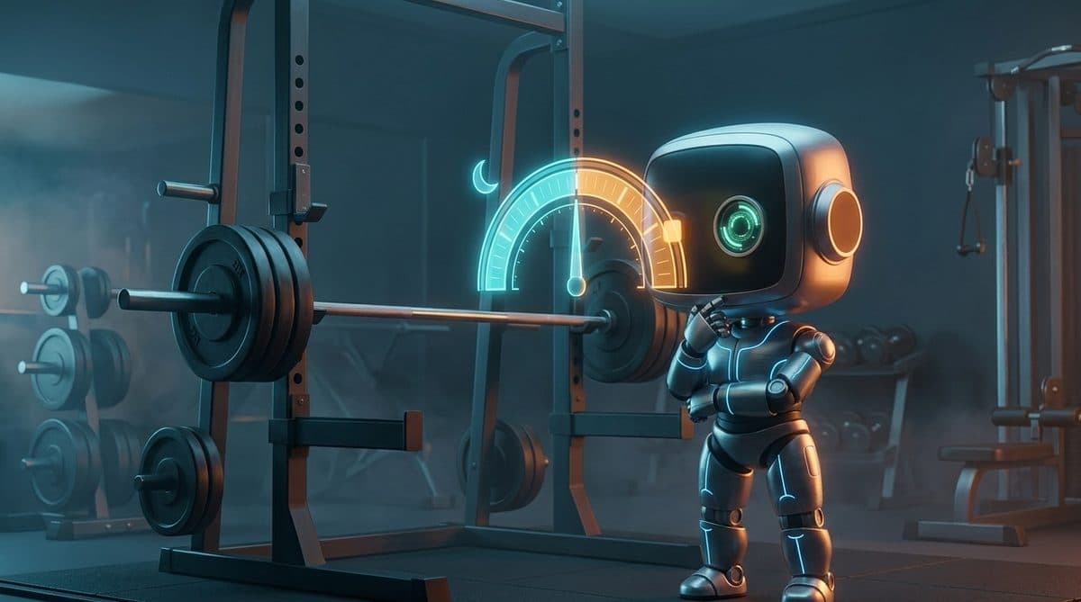 A CoachMoach robot coach reads a glowing readiness gauge by a barbell as a moon icon fades in, illustrating autoregulation training